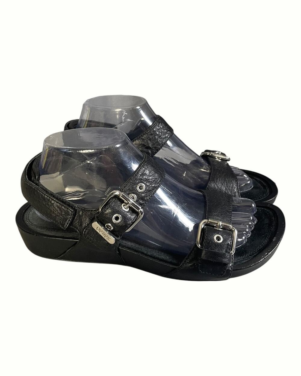 Aetrex Women’s Black Leather Double Silver-Toned Buckle Strap Sandals Size-8